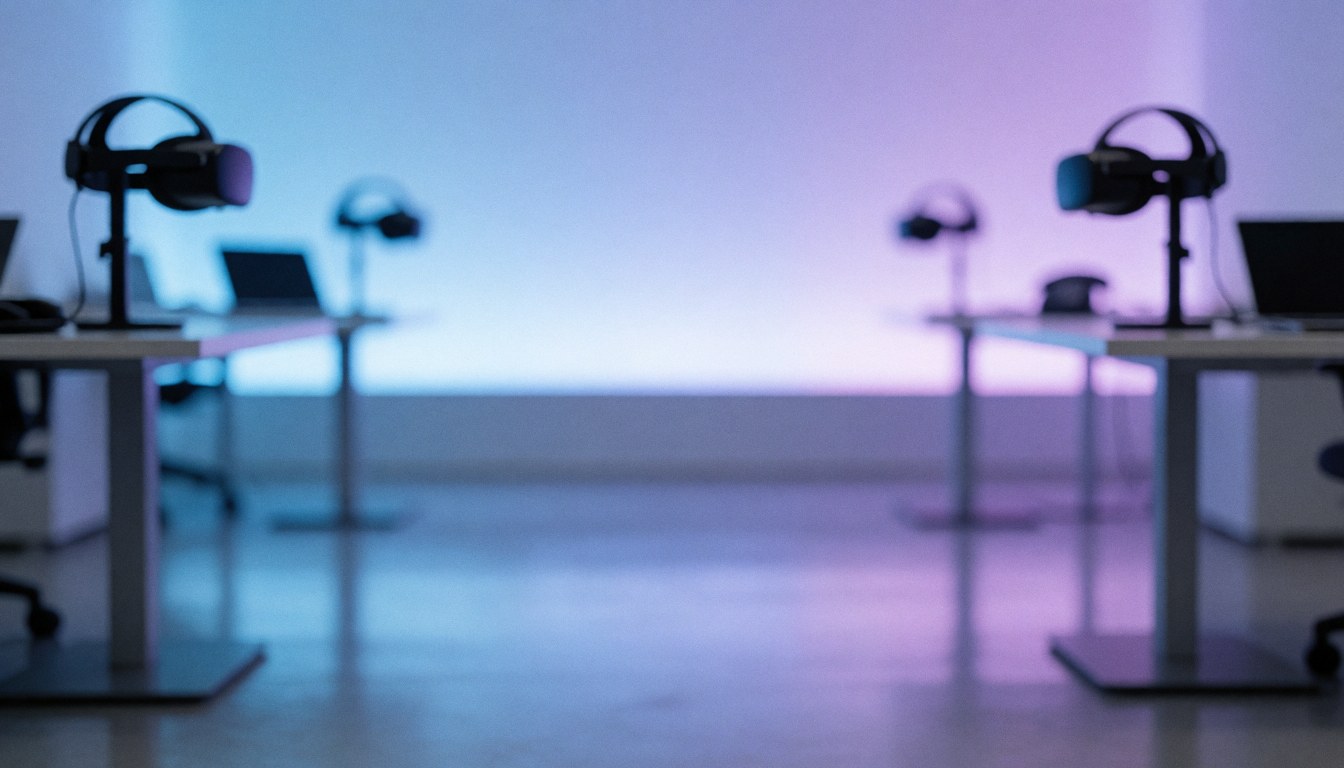 VR headsets on stands in an entertainment center with computer tables and polished floor under blue and purple lighting