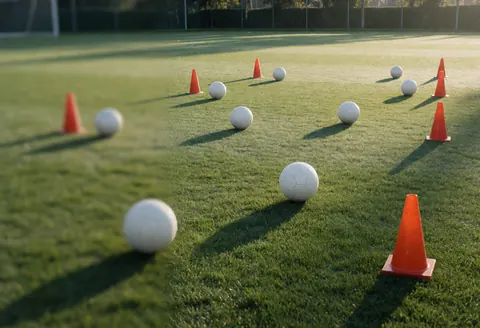Soccer field with orange cones and white balls ready for training in morning light
