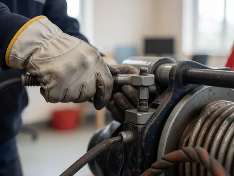 Close-up of a gloved hand tightening a screw on a hydraulic winch in an industrial workshop setting