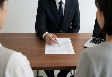 A travel agent in formal attire reviews a budget document with a client seated at a wooden desk with a laptop.
