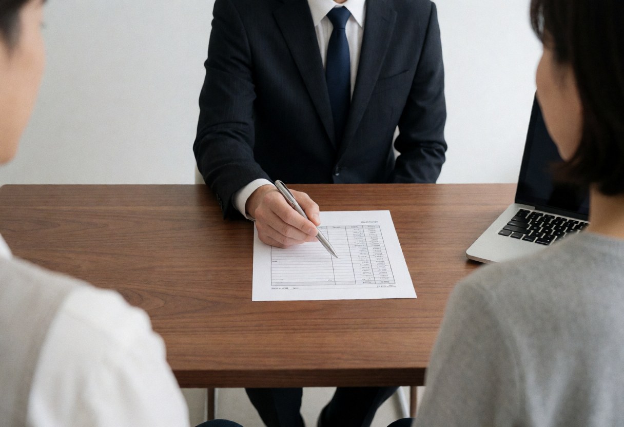 A travel agent in formal attire reviews a budget document with a client seated at a wooden desk with a laptop.