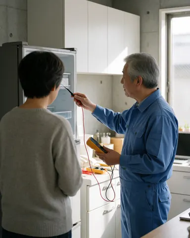 Technician in blue uniform checks open refrigerator with multimeter while customer watches in modern kitchen with concrete walls
