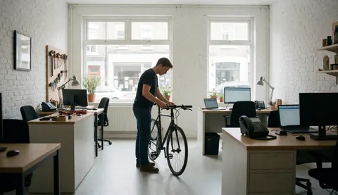 A mechanic inspects a black bicycle in a modern workshop with white brick walls and large windows letting in natural light.