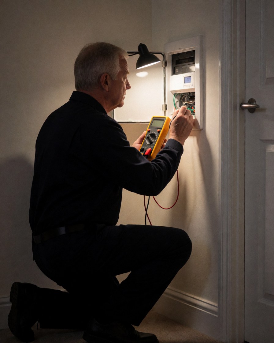 A technician inspects an alarm control panel using a multimeter under bright work lighting against a light-colored wall.