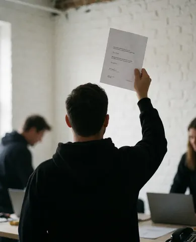 Person standing with back to camera holding a document in an office with white brick walls and natural light