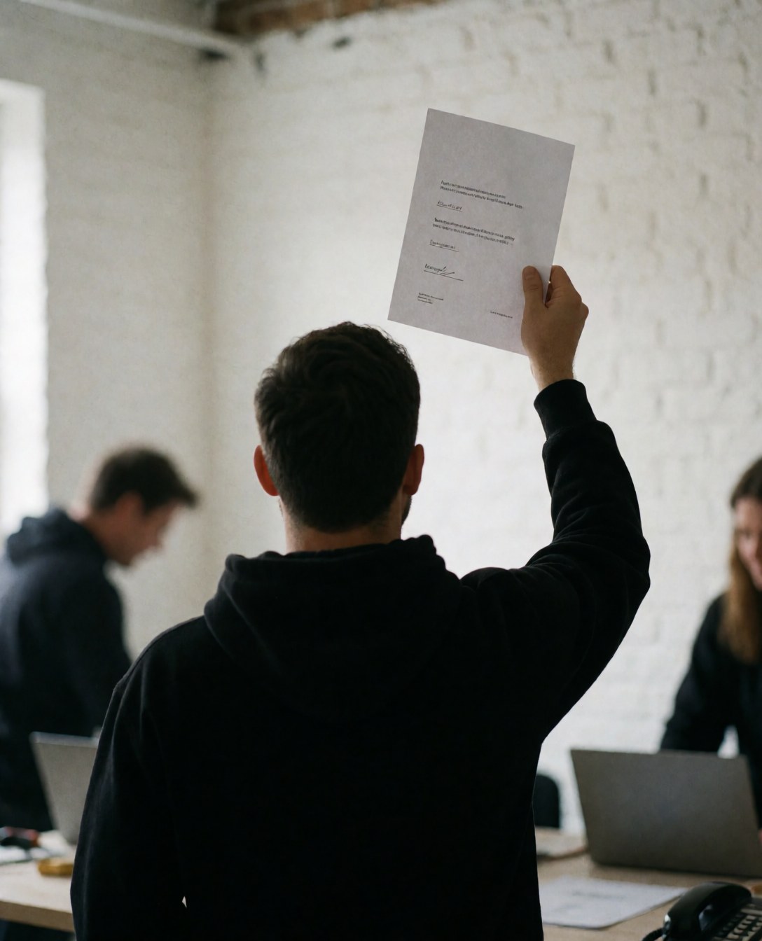 Person standing with back to camera holding a document in an office with white brick walls and natural light