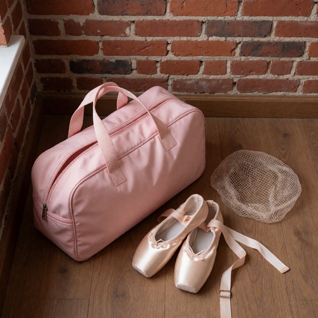 Pink suitcase, pointe shoes, and hair net on wooden floor for dance school