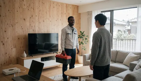 Appliance repair technician holding a tool case while attending to a client in a modern living room with wood walls and natural light.