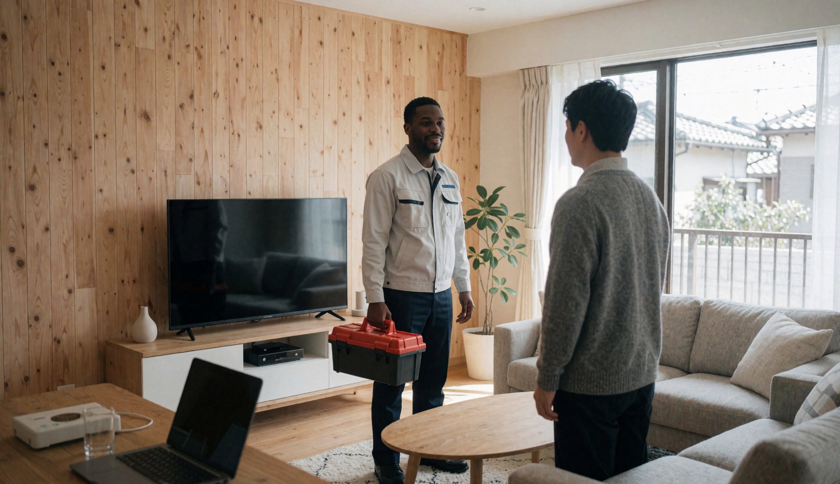 Appliance repair technician holding a tool case while attending to a client in a modern living room with wood walls and natural light.