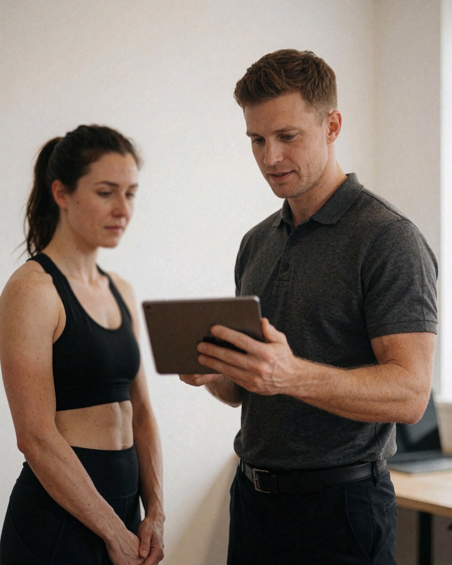 A personal trainer and client review a tablet in an office with white walls and warm lighting.