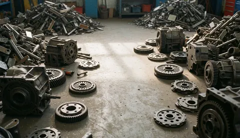 Stacks of gears, clutches, and metal parts on a concrete floor in a vehicle recycling facility with natural lighting
