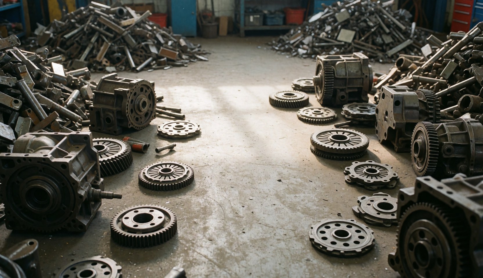 Stacks of gears, clutches, and metal parts on a concrete floor in a vehicle recycling facility with natural lighting