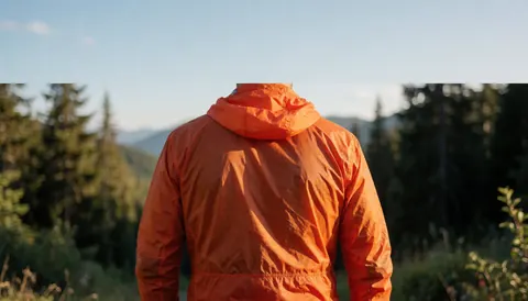 Back view of a cyclist wearing a bright orange jacket on a wooded mountain path under a clear sky, suitable for a cycling business website hero.