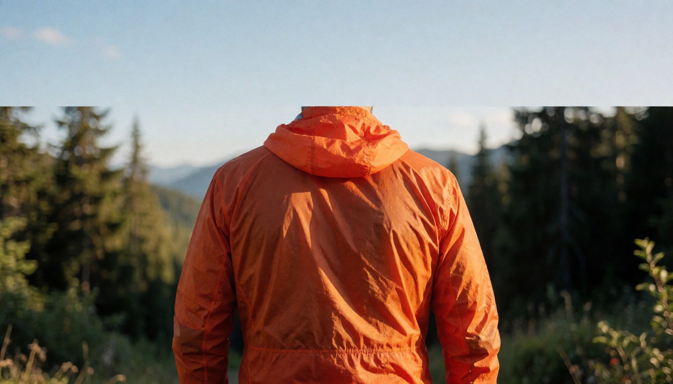 Back view of a cyclist wearing a bright orange jacket on a wooded mountain path under a clear sky, suitable for a cycling business website hero.