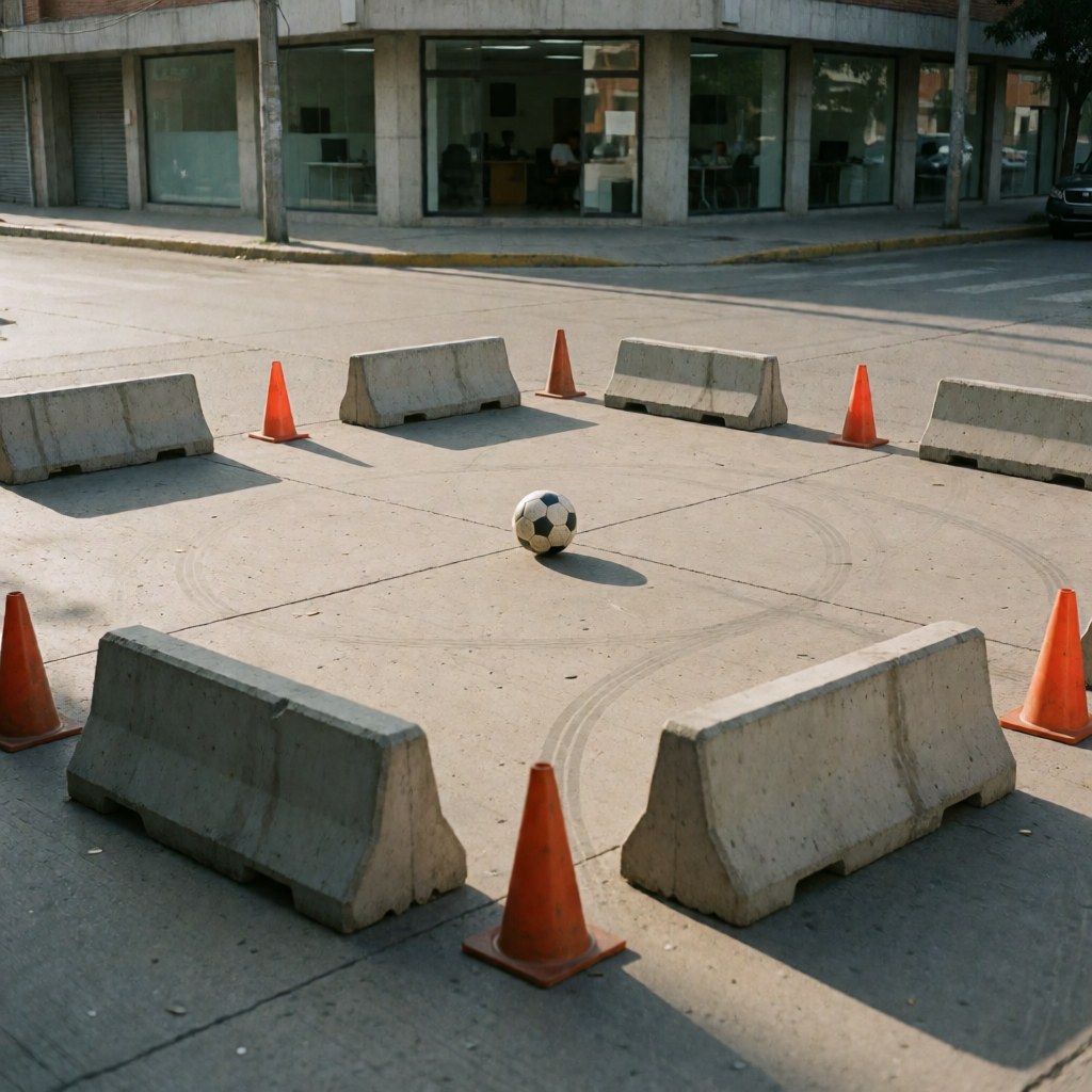 Orange cones and concrete barriers surround a soccer ball on an urban street pavement, ready for a team training session.