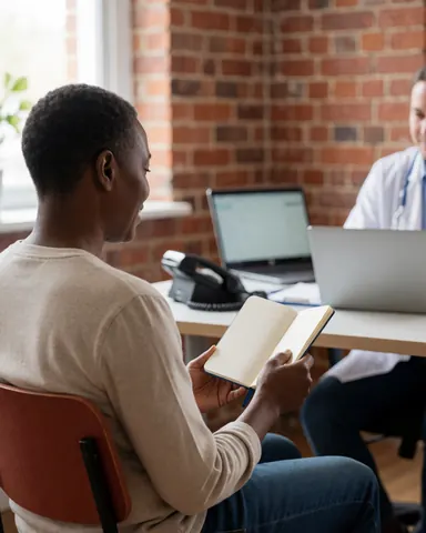 A patient sits in a medical office reviewing a notebook with a laptop and brick wall visible in the background