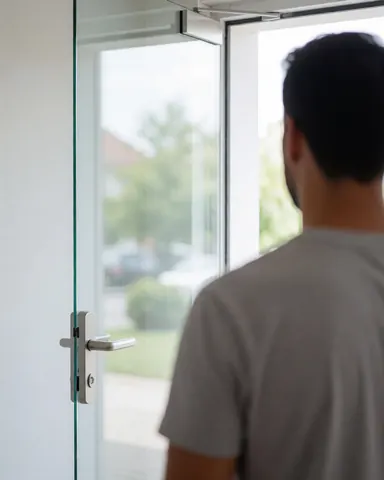 A satisfied customer looks at a newly installed glass entry door with a metal handle against a white wall, suitable for glass window repair services.
