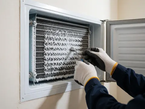 Close-up of gloved hands using a tool to remove ice from refrigerator evaporator coils during a repair service.