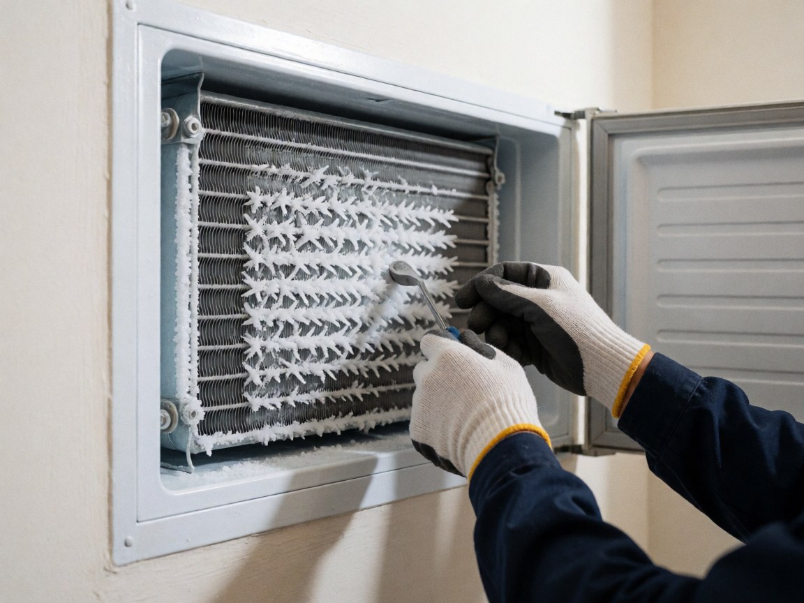 Close-up of gloved hands using a tool to remove ice from refrigerator evaporator coils during a repair service.
