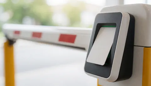 Close-up of a card reader mounted on a parking barrier gate with a blurred background and natural lighting, suitable for parking service backgrounds.