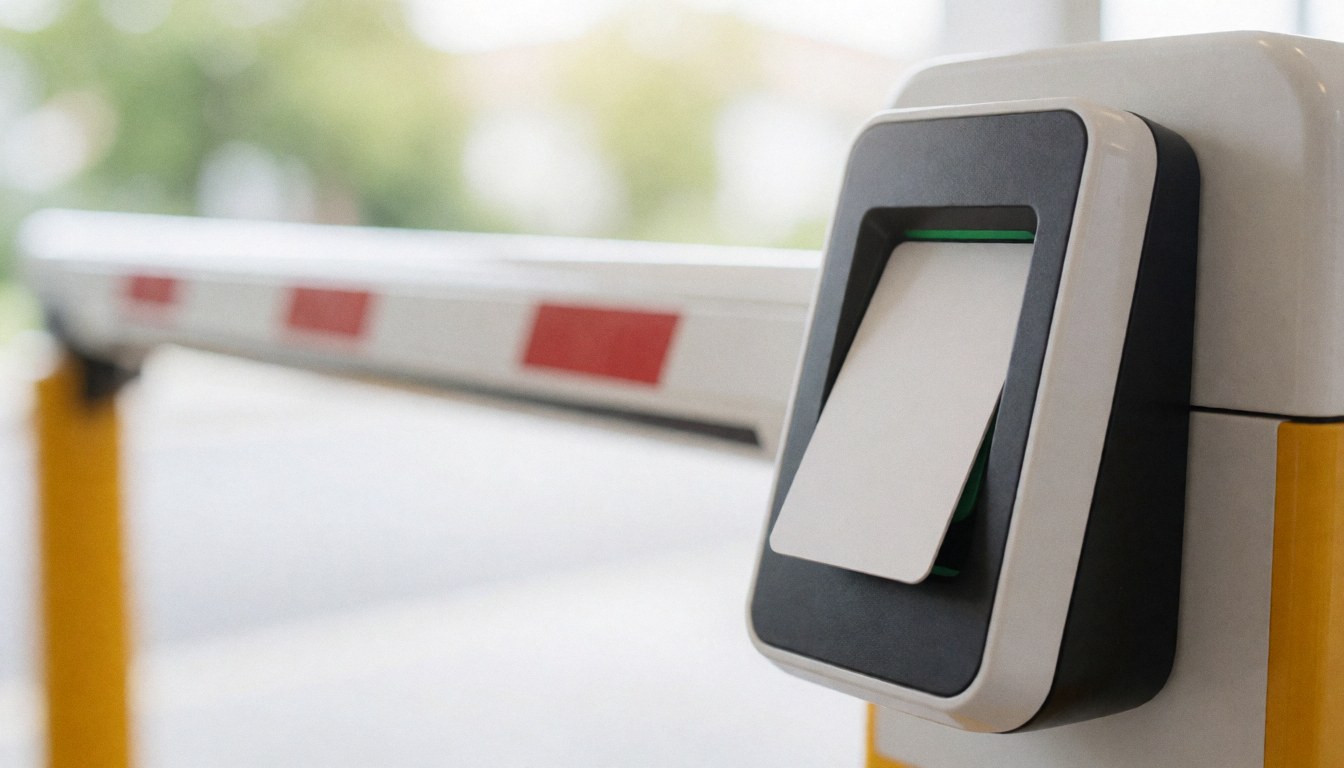 Close-up of a card reader mounted on a parking barrier gate with a blurred background and natural lighting, suitable for parking service backgrounds.