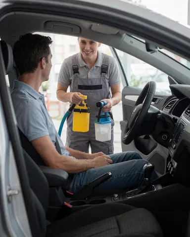 Satisfied customer inside a newly cleaned car with a professional cleaner holding cleaning tools nearby