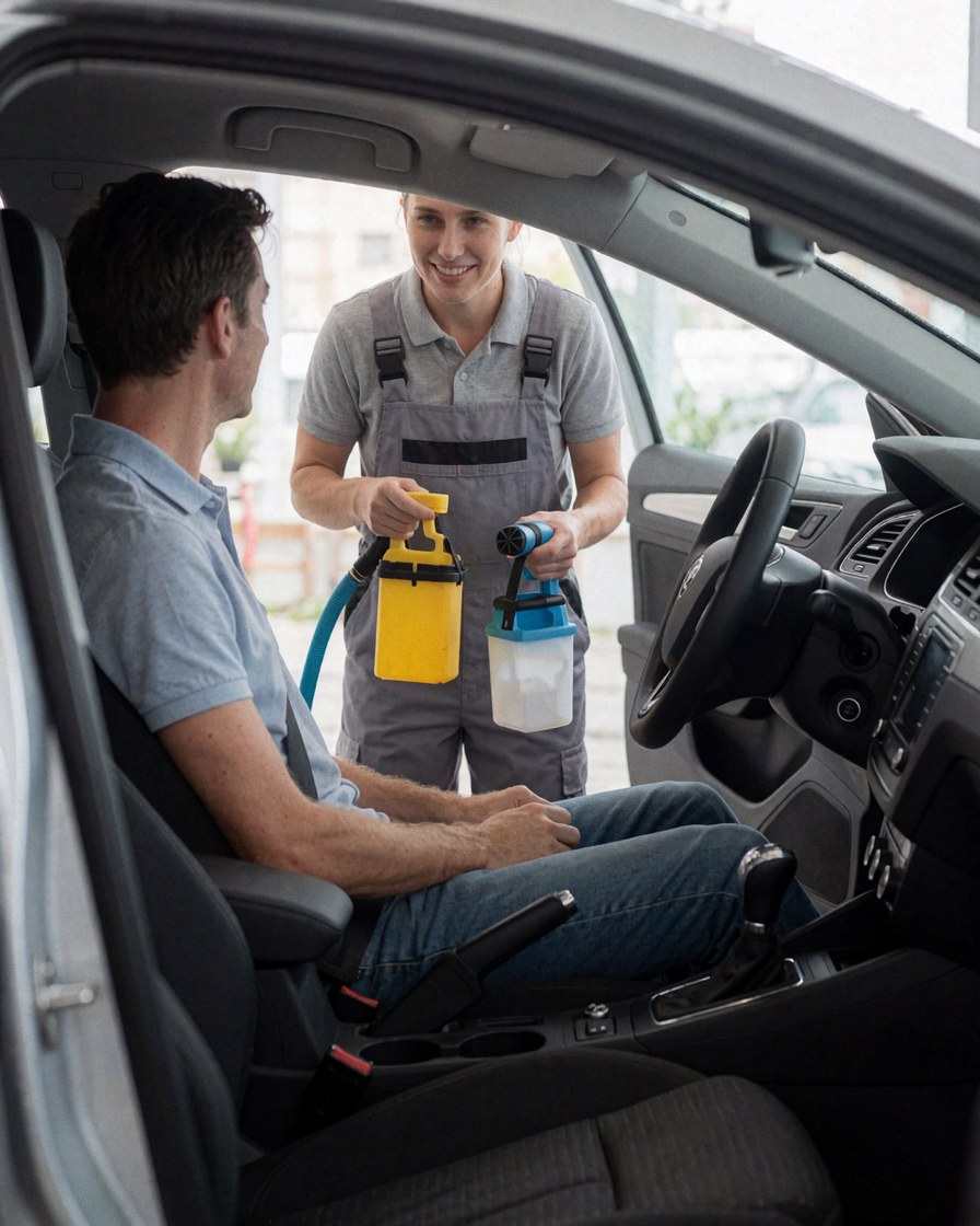 Satisfied customer inside a newly cleaned car with a professional cleaner holding cleaning tools nearby