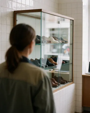 A happy customer observes shoes displayed in a clean store window with white tiled walls and natural light.