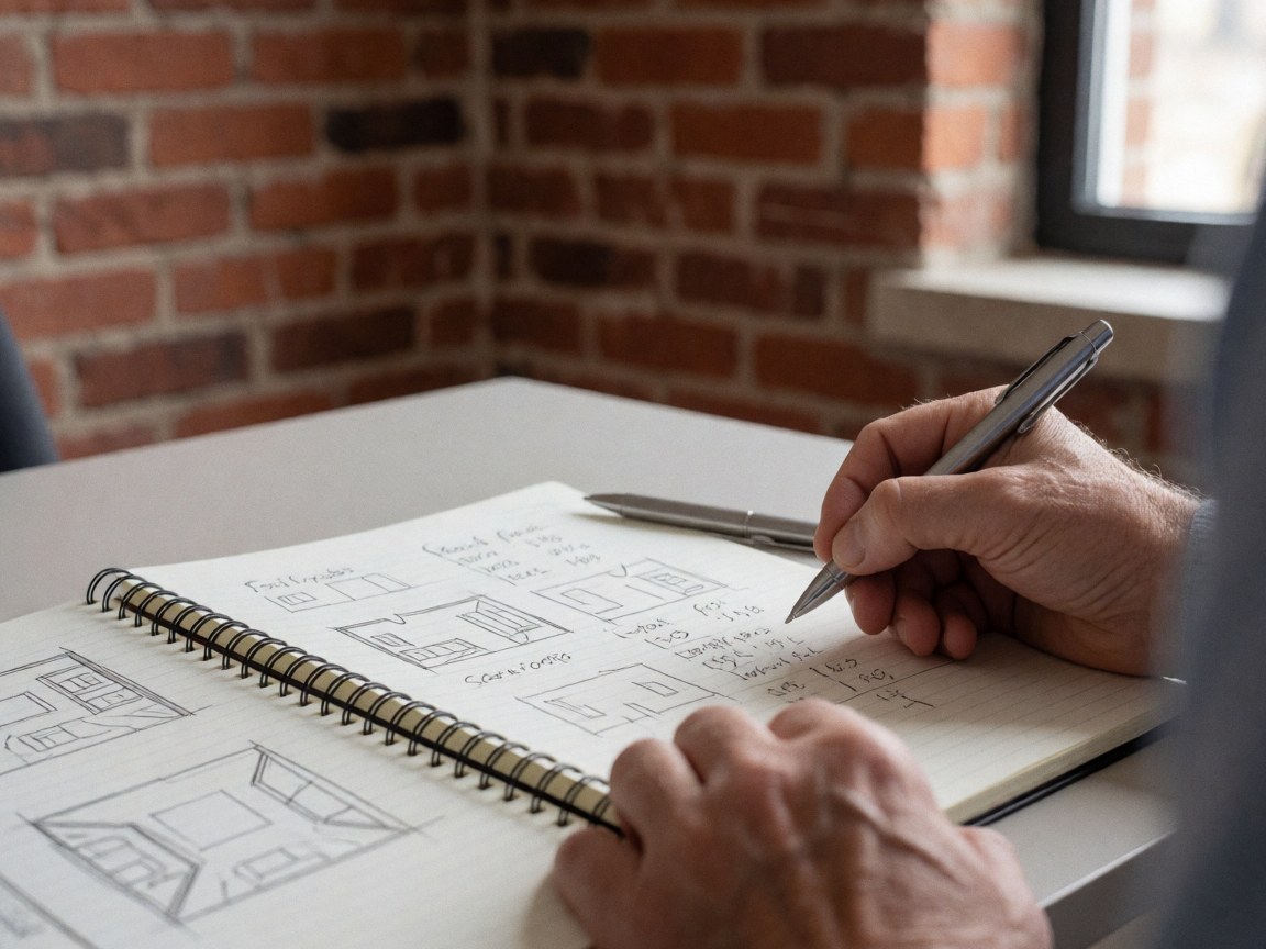 Close-up of a hand writing cork flooring measurements and sketches in a notebook on a brick surface