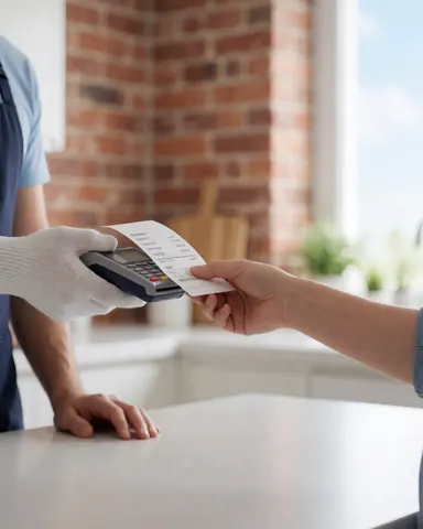 Technician hands a receipt and payment device to a customer in a kitchen with a brick wall.