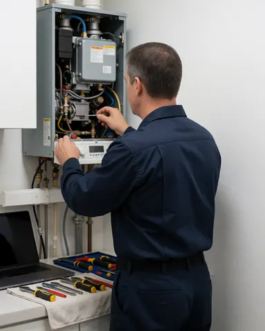 Technician in blue uniform adjusting boiler components in a room with white walls and tools on a towel