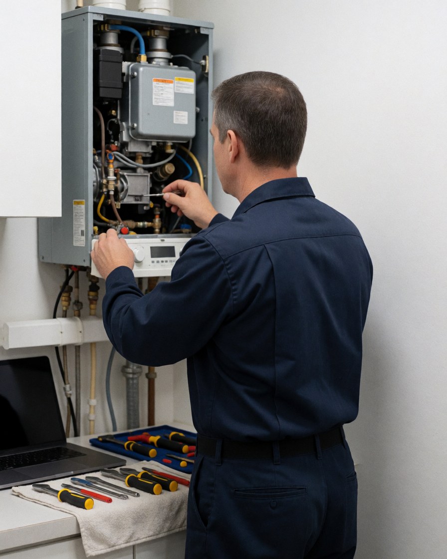 Technician in blue uniform adjusting boiler components in a room with white walls and tools on a towel