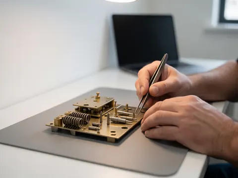 Close-up of hands using tweezers to adjust pins in a bronze lock mechanism on a gray surface