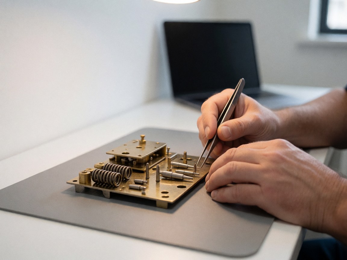 Close-up of hands using tweezers to adjust pins in a bronze lock mechanism on a gray surface