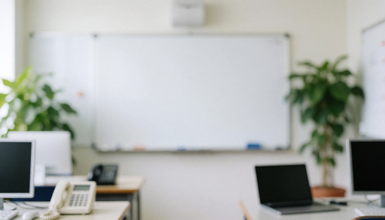 Whiteboard, green plants, and computers on tables in a Spanish classroom setting, ideal for text overlays.