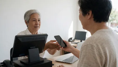 A technician hands a repaired mobile phone to a customer at a repair shop counter with a POS terminal and laptop visible.