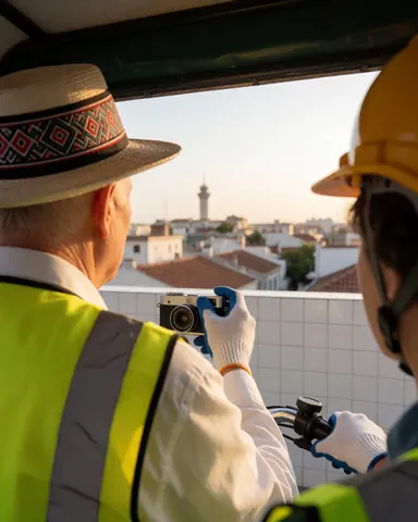 A smiling person wearing a traditional hat rides in a bicycle taxi, capturing city views of rooftops and a tower during a golden sunset.