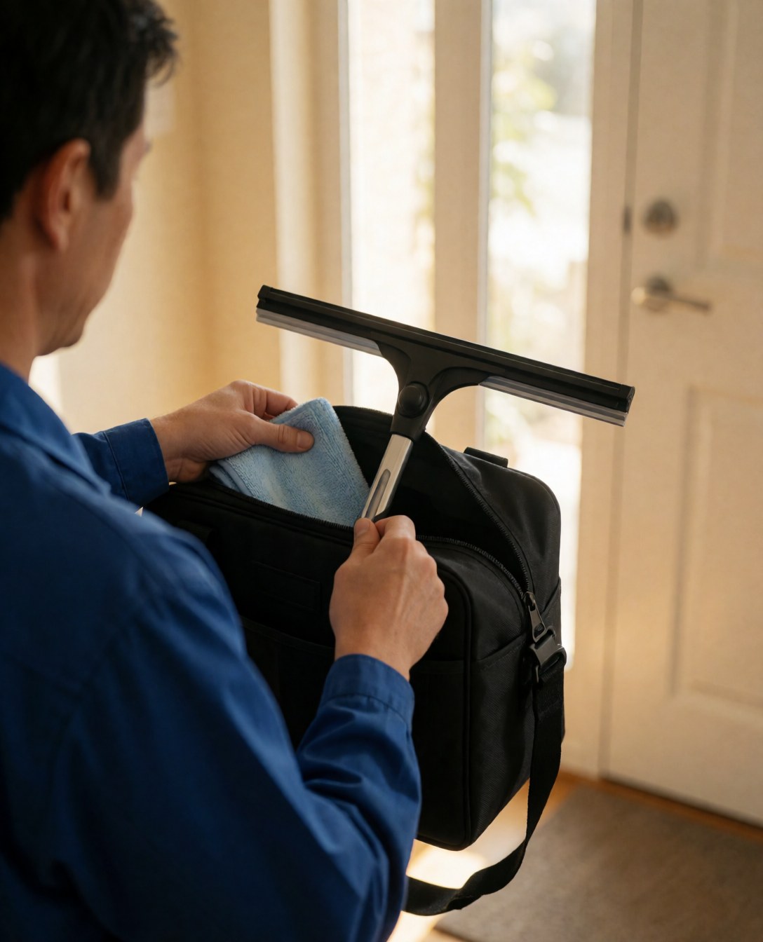 A professional cleaner places a squeegee and cloth into a black bag in a warmly lit residential hallway.