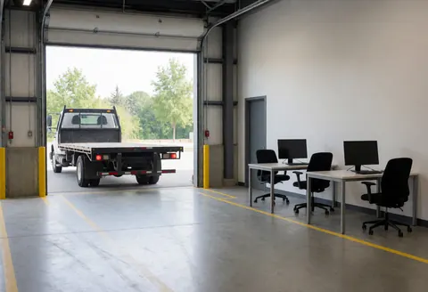 Flatbed truck parked in front of an open garage door at a warehouse with offices and yellow lines, ideal for logistics and transport.