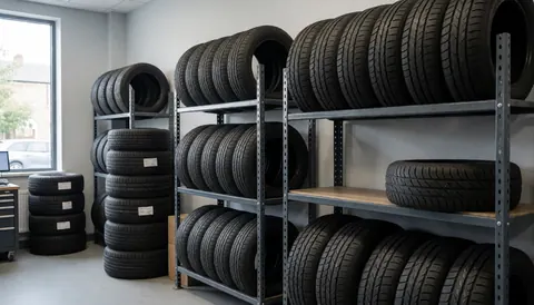 Interior of a tire warehouse featuring metal shelving units stocked with new tires and natural light entering through a window