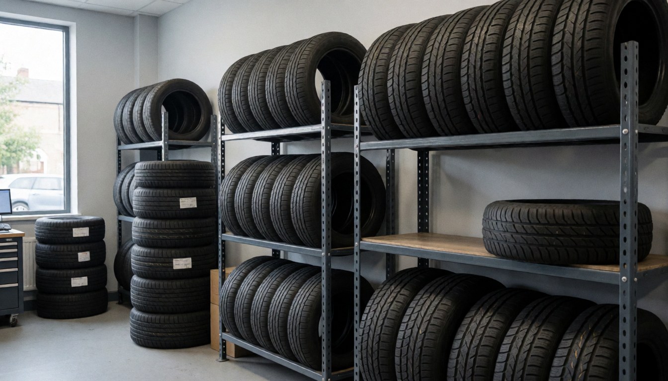 Interior of a tire warehouse featuring metal shelving units stocked with new tires and natural light entering through a window