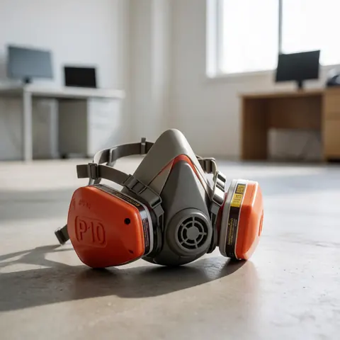 Orange P10 respirator masks placed on a concrete floor, suitable for industrial use with natural lighting