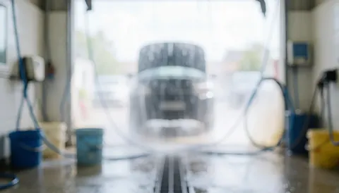 A blurred background of a car wash featuring a vehicle, hoses, and barrels, suitable for text overlay.