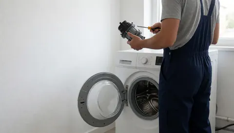 Technician in overalls repairing the drain pump of a white washing machine with copy space on the left
