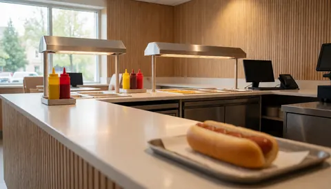A hot dog served on a tray resting on a wooden counter in an indoor amusement park center with sauce dispensers and warm background lighting