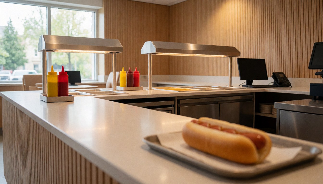A hot dog served on a tray resting on a wooden counter in an indoor amusement park center with sauce dispensers and warm background lighting