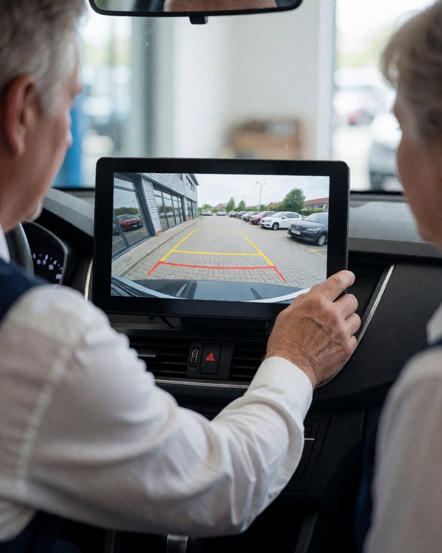 Person inside vehicle adjusting brightness of rearview camera monitor displaying parking guide lines for auto accessory service