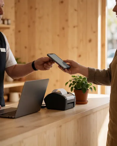 Customer using mobile phone to pay in mobile repair store with cash register and wooden wall