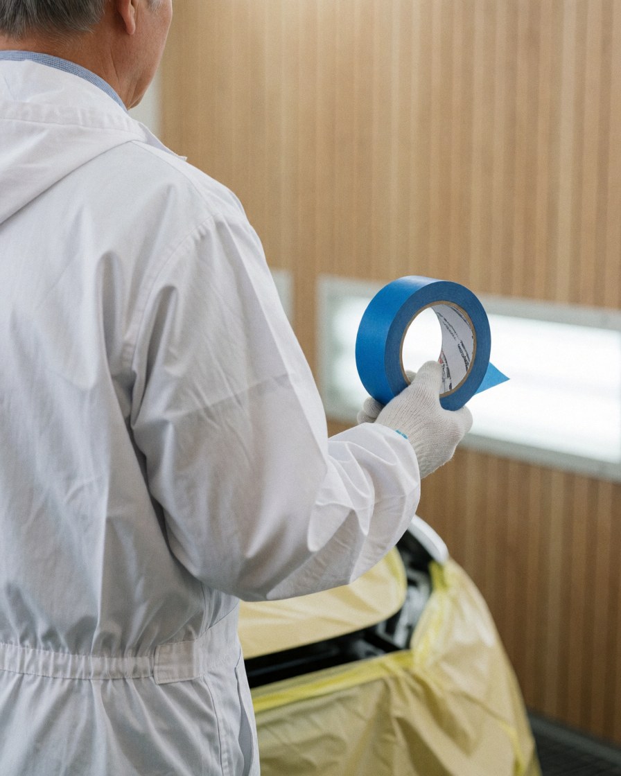 Technician wearing gloves and blue tape preparing a car body covered in yellow plastic inside a workshop with wooden walls.