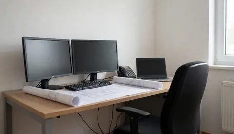 Engineer workspace featuring dual monitors, keyboard, rolled blueprints, and chair near a window with natural light, suitable for design firm hero image